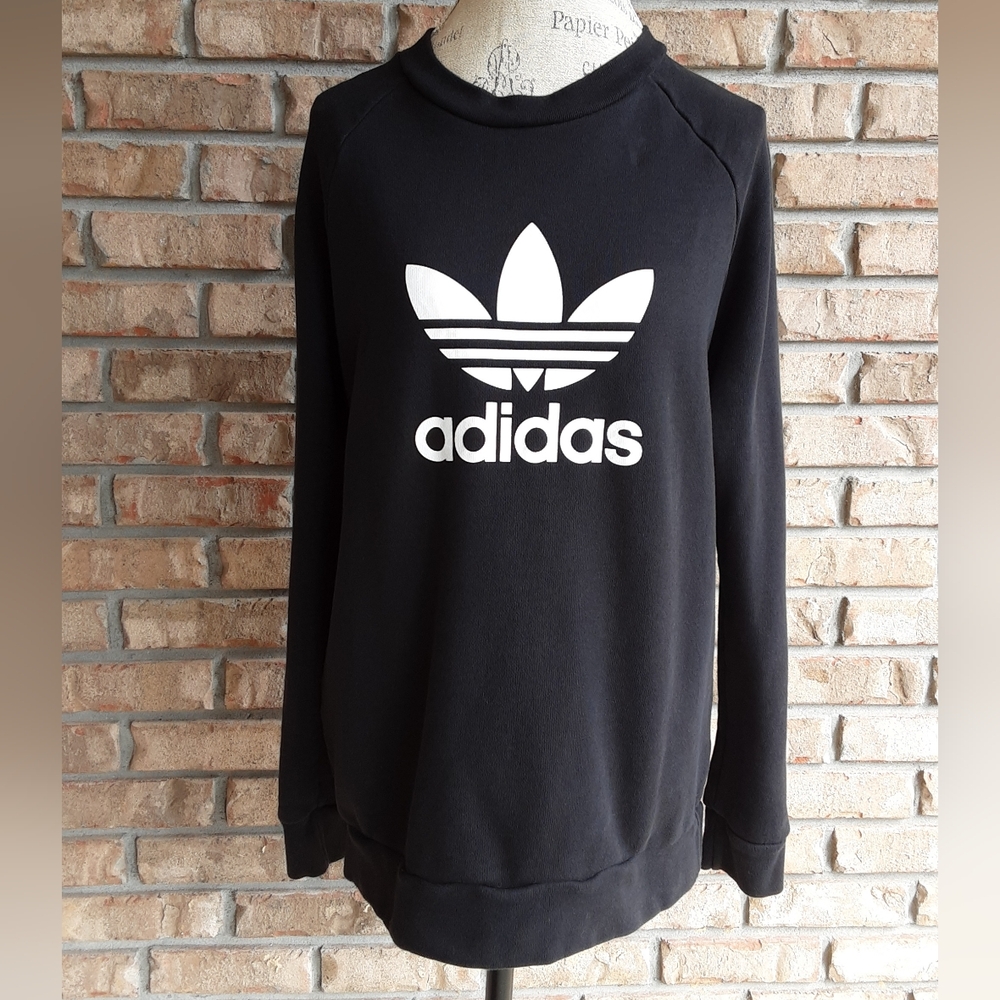Adidas Black with Graphic Print White 3 Stripe Logo Activewear Sweatshirt.
